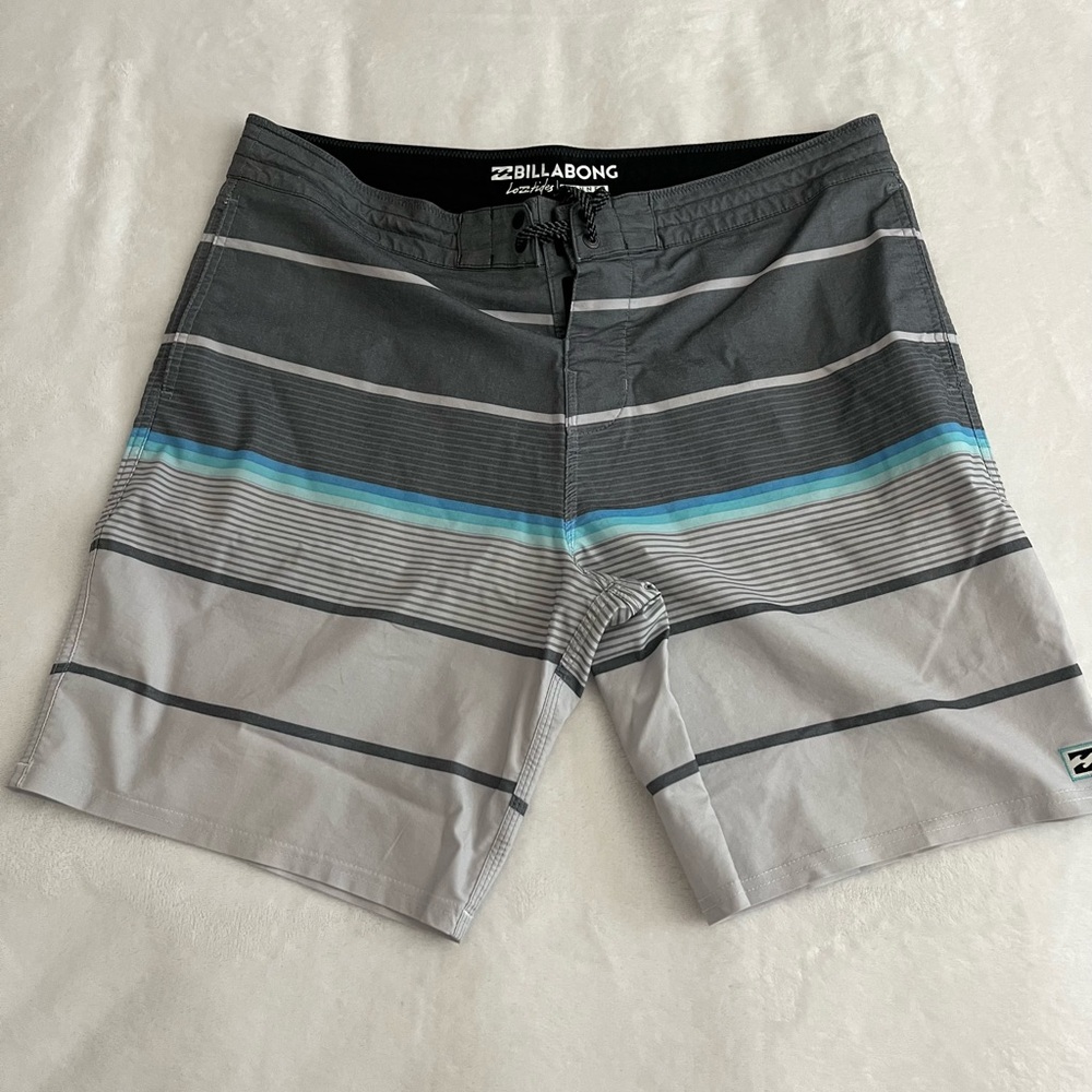 Billabong Gray and Blue Swim Trucks with Stripes